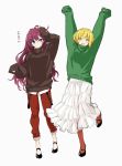  ahoge arakawa_(aintnoroom) arm_up arms_up bangs black_footwear blonde_hair blue_eyes breasts brown_sweater closed_mouth comic commentary_request eyebrows_visible_through_hair full_body green_eyes green_sweater hand_on_own_head ichinose_shiki idolmaster idolmaster_cinderella_girls lazy_lazy_(idolmaster) long_hair long_skirt long_sleeves looking_at_viewer looking_to_the_side medium_breasts miyamoto_frederica multiple_girls pants pantyhose purple_hair red_legwear red_pants shoes short_hair skirt sleeves_past_wrists standing standing_on_one_leg sweater translation_request turtleneck turtleneck_sweater v-shaped_eyebrows very_long_hair wavy_hair white_skirt 