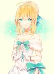  ahoge artoria_pendragon_(all) blonde_hair blue_bow blue_eyes bow braided_bun breasts choker cleavage collarbone diadem dress eyebrows_visible_through_hair fate/stay_night fate_(series) flower gloves hair_between_eyes hair_bow highres holding holding_flower kamiowl long_hair off-shoulder_dress off_shoulder protected_link saber shiny shiny_hair sleeveless sleeveless_dress small_breasts solo standing white_background white_dress white_gloves 
