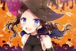  :d bangs bare_shoulders black_shirt blue_eyes blush breasts brown_hair brown_hat collarbone commentary_request covered_collarbone detached_sleeves eyebrows_visible_through_hair fate/grand_order fate_(series) forehead ghost hat jack-o'-lantern large_breasts leonardo_da_vinci_(fate/grand_order) long_hair open_mouth orange_background parted_bangs sakura_tsubame shirt signature sleeveless sleeveless_shirt smile solo upper_body witch_hat 