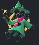  2018 4_fingers 4_toes ambiguous_gender barefoot black_fur blush clothed clothing deltarune digital_media_(artwork) eyewear fangs foxmode fur glasses horn ralsei scarf simple_background solo star toes video_games 