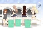  =3 ahoge bandages bandaid basket between_legs black_hair blonde_hair blush bra breasts brown_eyes brown_hair commentary_request dog_tags earphones_removed full_body hair_flaps hair_ornament hair_ribbon hairband hairclip hand_between_legs hood hoodie kantai_collection laundromat light_brown_hair long_hair medium_breasts messy_hair multiple_girls murasame_(kantai_collection) no_bra open_mouth orange_bra orange_hairband panties pleated_skirt red_eyes remodel_(kantai_collection) ribbon running shigure_(kantai_collection) shiratsuyu_(kantai_collection) short_hair short_shorts shorts signature sitting skirt smile standing sweatdrop tank_top underwear undressing very_long_hair yua_(checkmate) yuudachi_(kantai_collection) 