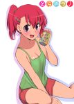  1girl alternate_hairstyle artist_request bare_shoulders breasts can cleavage hair_clip kushieda_minori looking_at_viewer medium_breasts open_mouth ponytail purple_eyes red_hair shorts sitting smile solo toradora! 