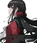  andrian_gilang bangs black_hair blunt_bangs danganronpa earrings eyebrows_visible_through_hair floating_hair from_side grey_neckwear harukawa_maki highres jewelry long_hair mole mole_under_eye new_danganronpa_v3 red_eyes red_shirt sailor_collar school_uniform serafuku shirt simple_background solo twintails upper_body very_long_hair white_background 