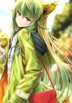  ahoge animal_ears atalanta_(fate) bag bangs blonde_hair blouse blurry blurry_background blush breasts casual cat_ears cat_tail coat commentary_request day eyebrows_visible_through_hair fate/apocrypha fate_(series) food fruit green_coat green_eyes green_hair green_nails hair_between_eyes hand_in_pocket handbag head_tilt highres holding holding_food holding_fruit hood hood_down hooded_coat long_hair looking_at_viewer multicolored_hair nail_polish neck_ribbon outdoors ribbon sidelocks solo suien tail two-tone_hair very_long_hair white_blouse 