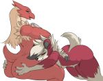  2018 anthro avian bent_over blaziken breasts butt canine claws danonymous duo female female/female fur hand_on_butt looking_at_viewer looking_back lycanroc mammal midnight_lycanroc nintendo nude pok&eacute;mon pok&eacute;mon_(species) red_eyes red_fur simple_background smile tongue video_games white_fur 