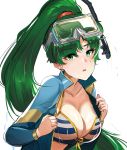 breasts cleavage collarbone earrings eyebrows_visible_through_hair fire_emblem fire_emblem:_rekka_no_ken front-tie_bikini front-tie_top green_eyes green_hair high_ponytail highres jewelry large_breasts long_hair lyndis_(fire_emblem) open_mouth open_wetsuit ormille simple_background solo striped_bikini_top upper_body very_long_hair wet wetsuit white_background 
