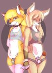  anthro blonde_hair blue_eyes bottomless canine chastity chastity_cage clothed clothing collar duo foulwizard fox fur girly gloves hair hairclip kelly_(foulwizard) legwear looking_at_viewer male mammal navel orange_eyes penis piercing ponytail shirt smile stockings tank_top 