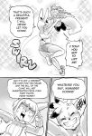  2018 anthro breasts clothed clothing comic cookie_(furryfight_chronicles) daigaijin dialogue duo english_text female fluffy fluffy_tail fur furryfight_chronicles hi_res lagomorph mammal midriff monochrome muko rabbit rodent size_difference squirrel text under_boob 