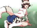  african_wild_dog_(kemono_friends) african_wild_dog_print animal_ears animal_print arm_support ass black_hair bodystocking boots commentary_request day denim denim_shorts dog_ears dog_tail eyebrows_visible_through_hair from_behind full_body grass grey_eyes grey_hair isuna kemono_friends leaning_forward long_sleeves looking_at_viewer looking_back multicolored_hair open_mouth outdoors pocket shirt short_over_long_sleeves short_shorts short_sleeves shorts sidelocks sitting solo tail translation_request two-tone_hair white_footwear white_shirt 