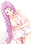  breasts covering f-tani facial_mark fate/stay_night fate_(series) forehead_mark highres large_breasts long_hair looking_at_viewer naked_towel purple_eyes purple_hair rider solo towel very_long_hair wet white_towel 