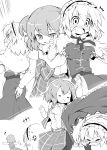  0_0 2girls :d =_= absurdres alice_margatroid anger_vein ass ass_grab blush breast_grab breasts capelet commentary eighth_note female_pervert futa_(nabezoko) grabbing greyscale groping hairband_bow highres kazami_yuuka monochrome multiple_girls musical_note open_mouth pervert smile touhou 