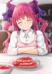  alternate_costume apron arm_support blood blurry blurry_background blush bowl closed_eyes closed_mouth collared_shirt commentary_request curled_horns depth_of_field elizabeth_bathory_(fate) elizabeth_bathory_(fate)_(all) eyeball facing_viewer fang_out fate/grand_order fate_(series) flower food head_tilt indoors inora long_hair meat pink_apron pink_hair plate pointy_ears revision shelf shirt sidelocks sleeves_rolled_up smile solo soup table tongue two_side_up upper_body vase wavy_hair white_shirt wing_collar 