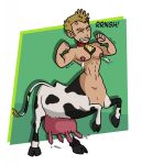 2018 abstract_background bovine bucentaur cattle clothed clothing comic cowbell digital_media_(artwork) english_text fully_clothed hair hi_res human humanoid lactating male mammal pan-demonium phil projectile_lactation short_hair solo standing taur teats text toony transformation udders 