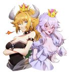  :d :p bare_shoulders blonde_hair blue_eyes blush bowsette breasts cleavage commentary crossed_arms crown dress earrings fang fire ghost gloves grin highres horns jewelry luigi's_mansion mario_(series) medium_breasts multiple_girls namunamu_(kkyyao) new_super_mario_bros._u_deluxe open_mouth princess_king_boo puffy_short_sleeves puffy_sleeves purple_eyes revision sharp_teeth shell short_sleeves simple_background smile spiked_shell strapless strapless_dress super_crown teeth tongue tongue_out upper_body white_background white_hair 