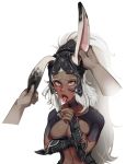  ahegao animal_ears armor black_choker black_nails blush breasts bunny_ears center_opening choker cleavage cleavage_cutout collarbone commentary commission dark_skin disembodied_limb drooling ear_grab eargasm ears_through_headwear english_commentary eyelashes final_fantasy final_fantasy_xii fingernails forehead fran helmet high_ponytail highres lips long_hair medium_breasts nail_polish navel nose open_mouth polyle ponytail pov red_eyes revealing_clothes rolling_eyes sharp_fingernails silver_hair solo_focus sweat tongue tongue_out upper_body vambraces viera white_background 