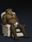  2018 anthro balls bear chair chest_tuft claws clothed clothing erection eyes_closed hi_res inside jaykat male mammal musclegut muscular nipples open_mouth partially_clothed pecs penis simple_background sleeping solo topless tuft underwear 