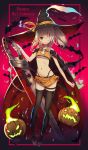  ayanami_(azur_lane) azur_lane bandage_over_one_eye bandaged_arm bandages bat cape collarbone commentary demon_tail fire green_fire halloween hat highres holding holding_sword holding_weapon izumo_(user_cmcy2878) jack-o'-lantern midriff miniskirt navel pumpkin red_eyes side_ponytail skirt solo striped striped_legwear sword tail thigh_strap thighhighs thong weapon white_hair witch_hat zettai_ryouiki 