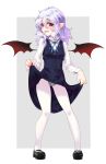  alternate_costume bat_wings black_footwear black_panties black_skirt black_vest black_wings blue_ribbon blush brooch embarrassed fang full_body gala_king grey_background hair_between_eyes highres jewelry lace lace-trimmed_panties lavender_hair lifted_by_self long_sleeves looking_at_viewer mary_janes neck_ribbon panties panties_under_pantyhose pantyhose pointy_ears red_eyes remilia_scarlet ribbon shirt shoes skirt skirt_lift skirt_set solo standing touhou two-tone_background underwear vest white_background white_legwear white_shirt wings 