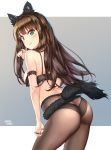  animal_ears arm_garter ass back bangs bare_shoulders black_bra black_panties blush border bra bra_pull breasts brown_hair claw_pose closed_mouth commentary_request gradient gradient_background green_eyes grey_background hhama highres hips idolmaster idolmaster_cinderella_girls jewelry long_hair looking_at_viewer looking_back medium_breasts panties pantyhose ring shibuya_rin smile solo tail thighs thumb_ring underwear white_border wolf_ears wolf_tail 