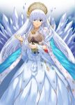  1girl anastasia_(fate/grand_order) blue_cape blue_eyes bracelet cape commentary_request crown dress earrings eyebrows_visible_through_hair fate/grand_order fate_(series) fur_trim highres holding ice jewelry long_dress long_hair npcpepper parted_lips pearl_bracelet silver_hair solo standing white_dress 