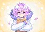  blush bread choker commentary d-pad d-pad_hair_ornament eyebrows_visible_through_hair food hair_between_eyes hair_ornament hood hooded_jacket jacket looking_at_viewer neptune_(choujigen_game_neptune) neptune_(series) open_mouth purerin purple_eyes purple_hair short_hair smile solo white_choker 
