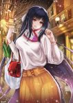  :o asagik23 bad_anatomy bad_id bad_pixiv_id bag black_hair black_sky blush bow breasts building commentary_request hair_bow hand_up handbag highres jewelry lamppost large_breasts long_hair long_sleeves looking_at_viewer original outdoors red_eyes ring shirt shopping_bag skirt snowing solo spring_onion standing twitter_username very_long_hair watch white_bow white_shirt window winter wristwatch yellow_skirt 