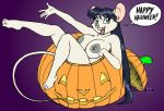  2018 anthro areola big_breasts black_hair breasts buckteeth david_a_cantero dialogue erect_nipples faith_(daq) female hair halloween holidays inner_ear_fluff jack-o&#039;-lantern long_hair looking_at_viewer mammal mouse nipples nude open_mouth open_smile rodent simple_background smile solo teeth 