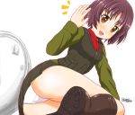  :d alina_(girls_und_panzer) bangs blush breasts brown_footwear commentary_request crotch_seam cst_(cocost) girls_und_panzer highres long_sleeves looking_at_viewer miniskirt open_mouth panties pantyshot pleated_skirt pocket purple_hair red_star shoe_soles short_hair simple_background skirt slit_pupils smile solo underwear upskirt white_background white_panties yellow_eyes 