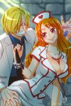  1boy 1girl breasts cleavage halloween large_breasts long_hair nami_(one_piece) nurse one_piece sanji smile 