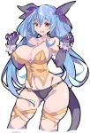  :d ass_visible_through_thighs bangs bare_shoulders black_gloves black_panties black_ribbon blue_hair breasts cleavage collarbone dizzy elbow_gloves enpe eyebrows_visible_through_hair fang gloves groin guilty_gear hair_between_eyes hair_ribbon halloween highres large_breasts long_hair looking_at_viewer navel open_mouth panties red_eyes ribbon simple_background smile solo tail thighs underwear white_background 