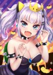 :d armlet bangs bare_shoulders blue_eyes blunt_bangs blush bowsette bowsette_(cosplay) bracelet breasts claw_pose cleavage collar collarbone commentary_request cosplay crown diagonal-striped_background diagonal_stripes eyebrows_visible_through_hair fangs food hair_ornament highres jewelry kabosu_(anna_neji) kaguya_luna kaguya_luna_(character) large_breasts looking_at_viewer mario_(series) nail_art nail_polish new_super_mario_bros._u_deluxe open_mouth orange_nails revision short_hair shrimp shrimp_tempura silver_hair smile solo spiked_armlet spiked_bracelet spiked_collar spikes striped striped_background super_crown tempura twintails virtual_youtuber x_hair_ornament 