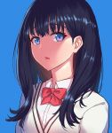  bangs black_hair blue_background blue_eyes bow bowtie collared_shirt commentary_request eyebrows_visible_through_hair lipstick long_hair looking_at_viewer makeup open_mouth pink_lips red_bow red_neckwear school_uniform shirt simple_background solo ssss.gridman takarada_rikka white_cardigan white_shirt zhen_lu 