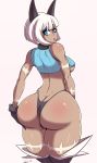  1girl animal_ears ass backboob blue_eyes breasts butt_crack cat_ears curvy dark_skin hips huge_ass lab_zero_games looking_at_viewer looking_back ms._fortune nadia_fortune scar skullgirls solo thick_thighs thighs thong underboob wide_hips 