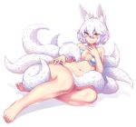  ahoge animal_ears barefoot bikini blush breasts closed_mouth commentary_request dev eyebrows_visible_through_hair eyes_visible_through_hair fox_ears fox_tail full_body hair_between_eyes hand_on_own_leg hand_up highres kyuubi looking_at_viewer lying medium_breasts multiple_tails on_back original r-15 shadow simple_background smile solo striped striped_bikini sweat swimsuit tail white_background yellow_eyes 