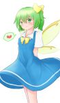  absurdres arms_behind_back bangs blue_dress blush bow bowtie check_commentary closed_mouth collared_shirt commentary_request daiyousei debaa dress fairy_wings green_eyes green_hair hair_between_eyes hair_bow heart highres looking_at_viewer open_eyes shirt short_hair short_sleeves side_ponytail simple_background smile solo spoken_heart standing touhou white_background white_shirt wings yellow_bow yellow_neckwear 