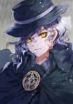  apple_caramel black_hat cloak closed_mouth cloud cloudy_sky commentary_request edmond_dantes_(fate/grand_order) eyes_visible_through_hair fate/grand_order fate_(series) grey_hair hair_between_eyes hat highres long_hair looking_at_viewer male_focus outdoors rain sky smile solo upper_body water_drop wavy_hair yellow_eyes 