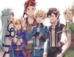  3girls animal_ears asuna_(sao) asuna_(sao-alo) bandana black_eyes black_gloves black_hair blonde_hair blue_eyes blue_hair braid breastplate brown_hair cat_ears closed_eyes eugeo fingerless_gloves french_braid gloves gocoli green_eyes hair_bobbles hair_ornament hair_ribbon half_updo highres kirito kirito_(sao-alo) klein leafa long_hair multiple_boys multiple_girls pointy_ears ponytail red_eyes red_hair ribbon short_hair silica silica_(sao-alo) simple_background spiked_hair sword_art_online twin_braids twintails what_if white_background 