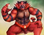  2018 abs anthro balls black_fur claws cum cum_on_chest cum_on_face cum_on_hand cum_string digital_media_(artwork) feline fur glans grin humanoid_penis incineroar looking_at_viewer male mammal muscular muscular_male navel nintendo nipples nude pecs penis pok&eacute;mon pok&eacute;mon_(species) red_fur sitting smile solo video_games 七瀬めぐる 