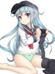  anchor_symbol bangs barefoot black_hat black_legwear black_sailor_collar black_skirt blue_eyes blush bow bow_panties commentary_request green_panties hat hibiki_(kantai_collection) holding_clothes kantai_collection long_hair long_sleeves n_haduki neckerchief no_pants panties pleated_skirt red_neckwear sailor_collar silver_hair simple_background sitting skirt skirt_removed solo thighhighs_removed underwear white_background 
