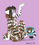  2018 anthro black_hair breasts butt candy chocolate delisle eyes_closed eyeshadow feline female food fur hair hi_res licking_self makeup mammal nude pink_background rear_view simple_background solo tiger tongue tongue_out white_fur 