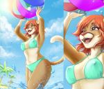  anthro avablanched ball beach beach_ball bikini biped breasts clothed clothing cougar fangs feline female feoi fully_clothed hair happy long_hair mammal navel nipples outside palm_tree red_hair seaside signature sky smile standing swimsuit teeth thong tongue tree 