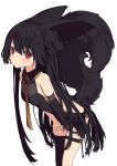  animal_ear_fluff animal_ears asymmetrical_legwear bangs bare_shoulders black_dress black_gloves black_hair black_legwear blush breasts brown_neckwear closed_mouth collared_dress commentary_request dress elbow_gloves eyebrows_visible_through_hair gloves hair_between_eyes hands_on_legs highres leaning_forward long_hair looking_at_viewer original partly_fingerless_gloves paryi red_eyes single_elbow_glove single_thighhigh sleeveless sleeveless_dress small_breasts solo tail_raised thigh_strap thighhighs very_long_hair zettai_ryouiki 