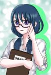  :d adjusting_eyewear bangs black-framed_eyewear blush collared_shirt commentary_request glasses holding lesson_plan looking_at_viewer low_twintails natsumikan_(14142118) open_mouth purple_eyes resizing_artifacts semi-rimless_eyewear shirt smile solo tamura_yuri twintails under-rim_eyewear watashi_ga_motenai_no_wa_dou_kangaetemo_omaera_ga_warui! white_shirt wing_collar 