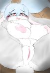  absurd_res anthro anus areola blush breasts butt chest_tuft female fur grey_fur hi_res lagomorph lying mammal milkteafox on_back open_mouth pussy rabbit red_eyes solo spread_legs spreading tongue tongue_out tuft white_fur 
