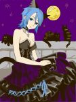  animal_ears aqua_(kingdom_hearts) black_cat black_choker blue_eyes blue_hair breasts cat cat_ears choker cleavage commentary_request dress flat_color full_moon gomisuke_(deep-dive) halloween kingdom_hearts kingdom_hearts_birth_by_sleep looking_at_viewer moon night night_sky outdoors purple_sky short_hair sky solo star_(sky) starry_sky strapless strapless_dress 