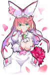  absurdres aqua_eyes arm_behind_back bangs blush bouquet bracelet breasts bridal_veil cleavage cleavage_cutout clover dress elphelt_valentine enpe eyebrows_visible_through_hair flower four-leaf_clover gloves guilty_gear guilty_gear_xrd hair_between_eyes hairband highres index_finger_raised jewelry juliet_sleeves large_breasts long_sleeves petals pink_hair puffy_sleeves short_hair solo spiked_bracelet spiked_hairband spikes veil white_background white_dress 