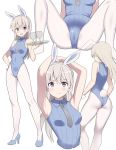  animal_ears armpits arms_on_head ass blue_footwear blue_leotard breasts bunny_girl bunny_tail cup drinking_glass eila_ilmatar_juutilainen glastonbury1966 grey_neckwear leotard long_hair looking_at_viewer multiple_views necktie pantyhose purple_eyes ribbed_leotard silver_hair simple_background small_breasts spread_legs strike_witches tail tray white_background wine_glass world_witches_series 