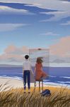  1girl 2d_dating apron beach black_hair brown_hair cloud cloudy_sky commentary day denim dion_mbd easel from_behind highres holding_hands jeans ocean original painting pants sky when_you_see_it 