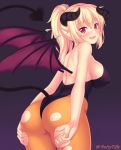 :d ass bare_arms bare_shoulders black_background blonde_hair blush breasts cowboy_shot demon_girl demon_tail demon_wings eyebrows_visible_through_hair fangs fast-runner-2024 from_behind from_side highres horns large_breasts leotard long_hair looking_at_viewer looking_back open_mouth orange_legwear original pantyhose ponytail red_eyes simple_background slit_pupils smile solo strapless strapless_leotard succubus tail thighs tiffy torn_clothes torn_legwear twitter_username wings 
