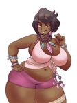  1girl bare_shoulders black_eyes black_hair breasts cleavage creatures_(company) dark_skin game_freak jewelry large_breasts looking_at_viewer lychee_(pokemon) navel necklace nintendo plump pokemon short_hair smile solo thick_thighs thighs wide_hips 